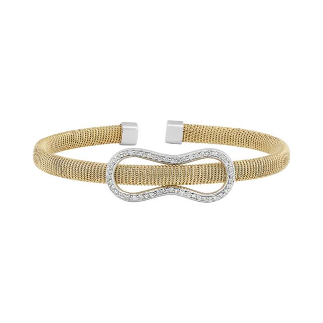 Modern Buckle Two Tone Cuff, 14K Textured White & Yellow Gold, 0.55tw Diamond, Contemporary Flare