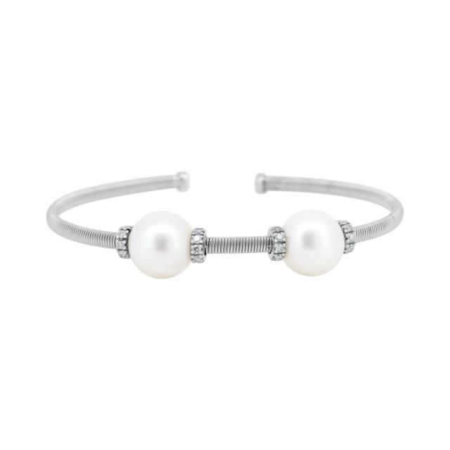 Diamond & Double Pearl Cuff,14K White Gold, 0.34tw Diamonds, Elegantegant Pearls for Timeless Beauty