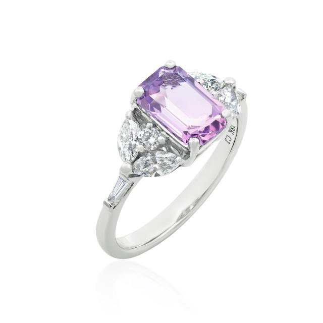 Vivid Color 18K WG Emerald Cut Lavender Sapphire Marquise, Round Bag Sides, Colorfull Bliss