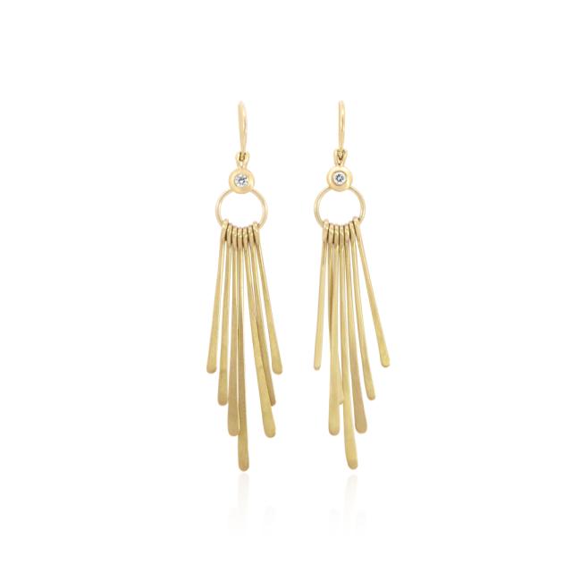 Darling Gold Fringe Earrings, 14K Yellow Gold, 0.08tw Diamond, Shimering Satin Finish Fringe Lux