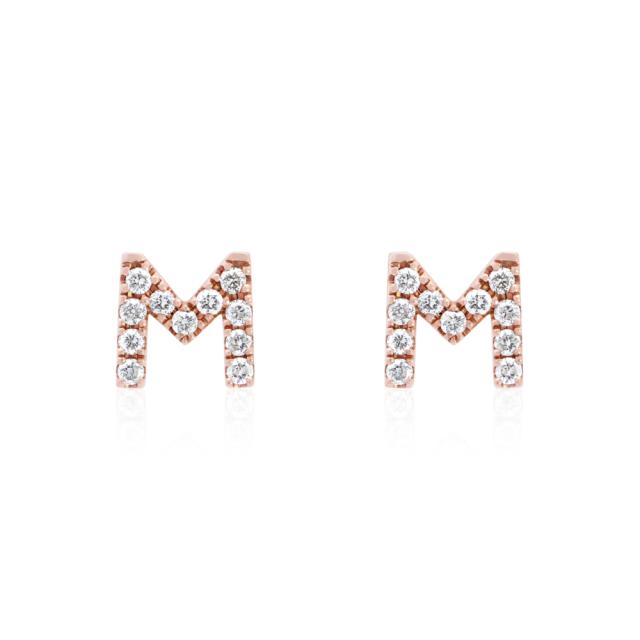 Sparkling Letter M 14K Rose Gold Stud Earrings, 0.35ct Round Diamonds, Personalized Luxury