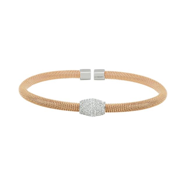 Diamond Bangle 14K Textured White/Rose Gold, 0.53tw Diamonds Pave Center Station, Contemporary Glam