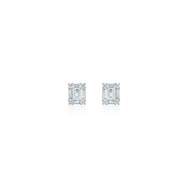 Baguette & Round Diamond Stud Earrings, 18K White Gold, 0.26tw Diamond, Perfect Elegance