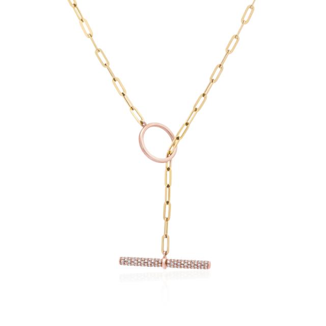 Modern Paperclip Necklace, 14K Yellow Gold, 0.56ctw Round Diamond, Contemporary Chic