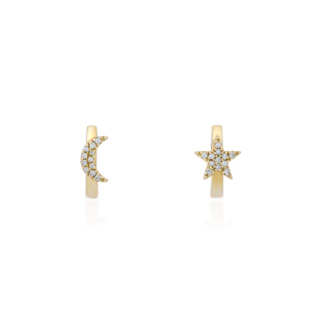 Crescent Moon Diamond Stud Earrings, 14K Yellow Gold, 0.07tw Round Diamond,  Celestial Elegance