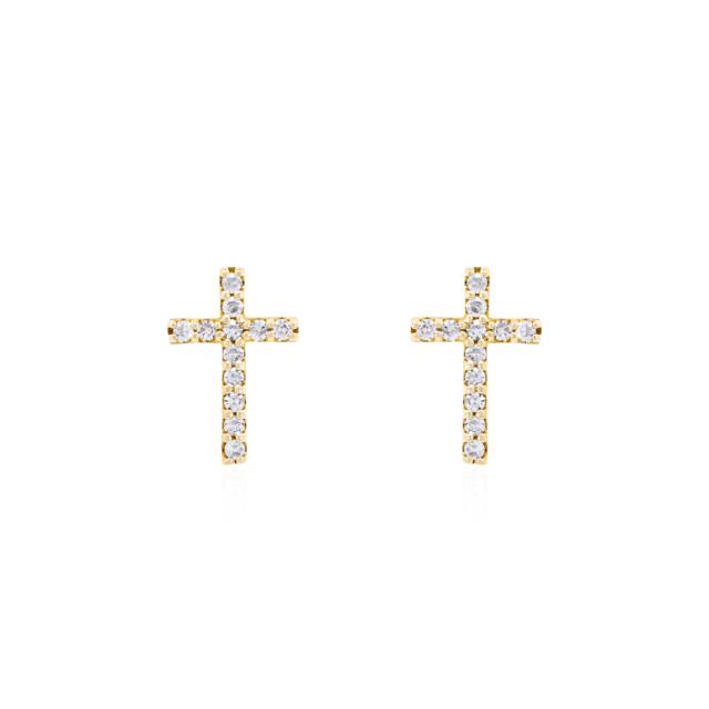 Diamond Cross Earrings 14K Yellow Gold, 0.10tw Round Diamonds, Endless Faith