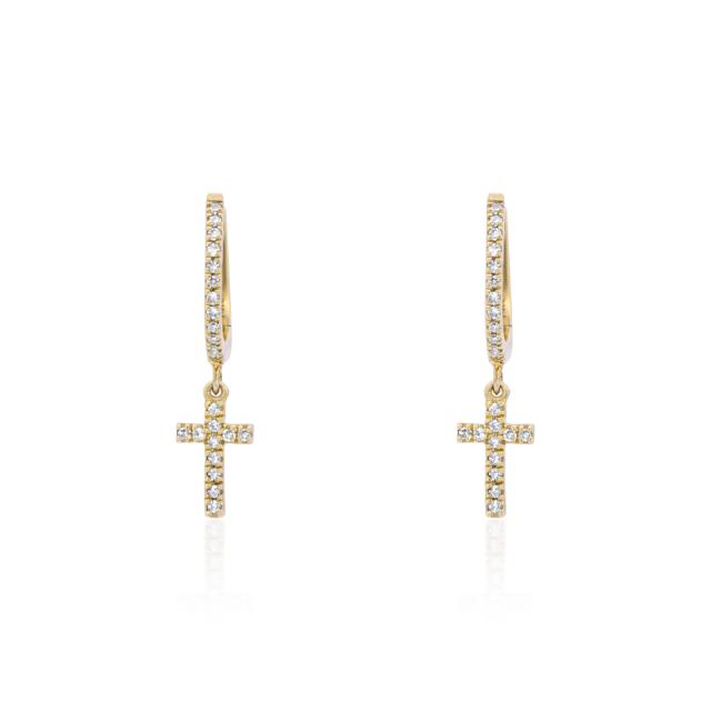 Cross Dangle Huggie Earrings, 14K Yellow Gold, 0.14tw Round Diamond, Classic Brilliance