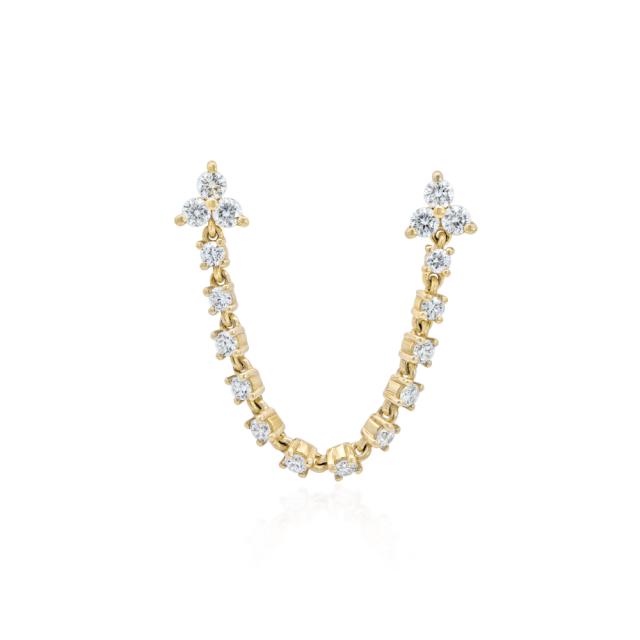 Radiant Double Piercing Diamond Chain Single Earring, 14K Round Diamonds. Graceful and Trendy