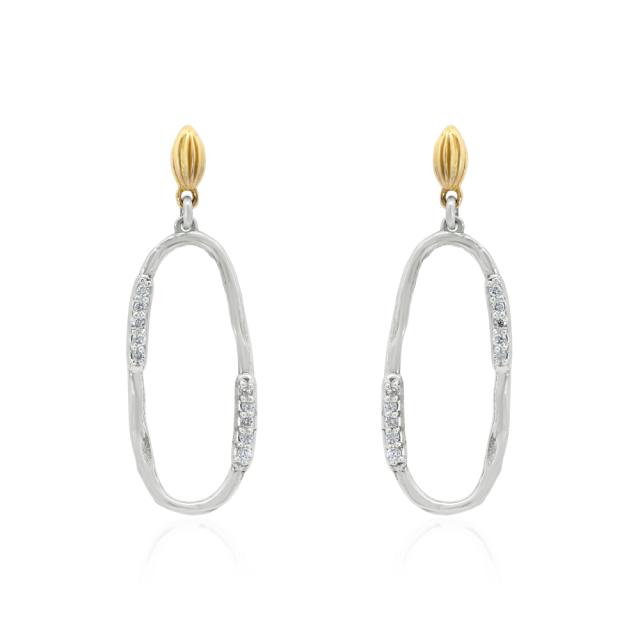 Oval Dangle Earrings, 14K White/Yellow Gold, 0.06ct Lab-Growwn Diamonds, Contemporary Sophistication