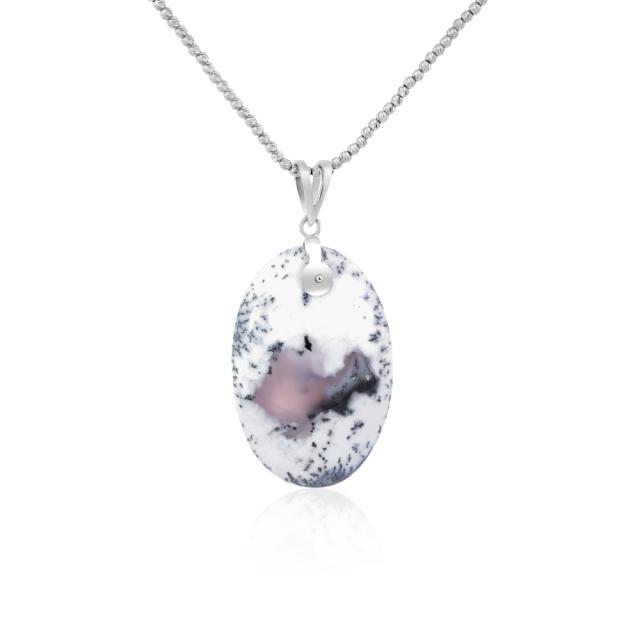 Dendritic Cabochon Necklace, 14K White Gold, 50.00ct Oval Cabochon Black Dendritic Agate, Sleek & P