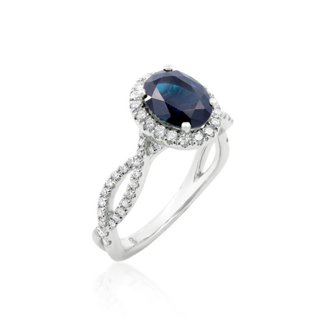 Sapphire Ring 14K White Gold, 1.50ct Oval Sapphire, 0.33tw Round Diamond, Blue & White Brilliance