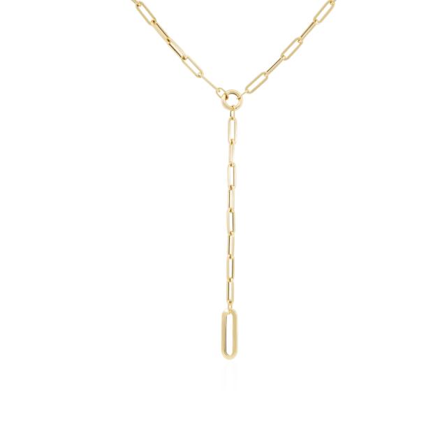 Paperclip Lariat Necklace, Elegant 14K Yellow Gold, 16