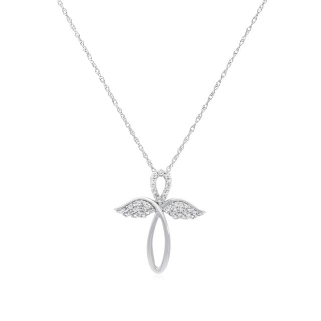 Angel Wings Necklace, 10K White Gold, 0.15ctw Round Diamond, Heavenly Grace