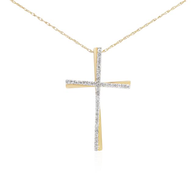 Golden Cross Pendant, 10K Yellow Gold, 0.15tw Diamonds, Blessed Luminance