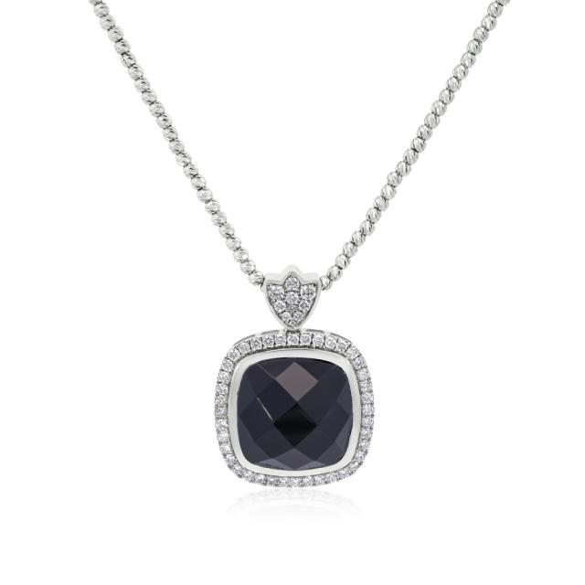 Onyx Diamond Pendant 18K White Gold, 12.05ct, Cushion Onyx, 0.75ctw diamond, Sophisticated Elegance