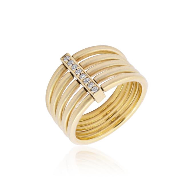 Stack Ring 18K Yellow Gold Satin Finish, 0.24tw Round Diamond, Five Free-Flowing Golden Waves 