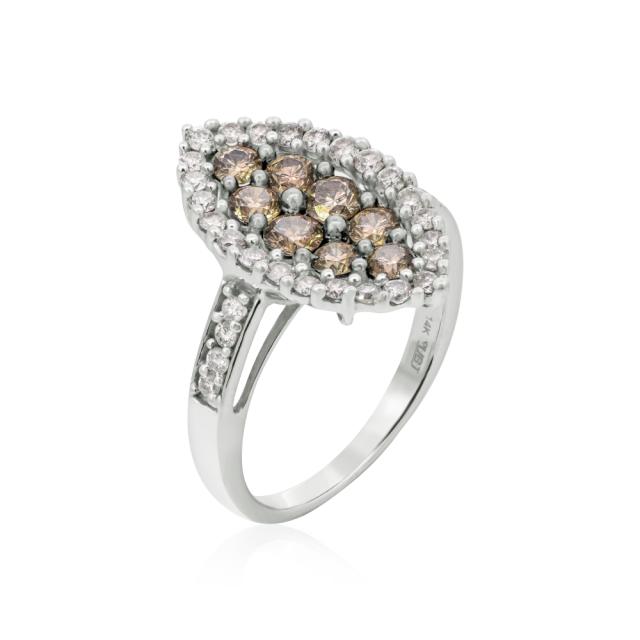 Champagne & White Diamond Marquise Shape Ring, 14K White Gold, 1.62tw Round Diamonds, Sparkling Glow