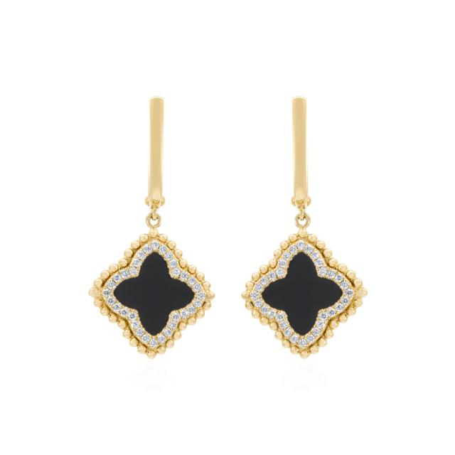 Onyx & Diamond Clover Leaver Back Earrings  