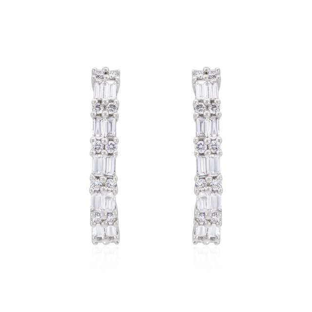 Double Row Baguette Hoop Earrings, 18K White Gold, 0.37tw Baguette Diamonds, Sleek and sophisticated