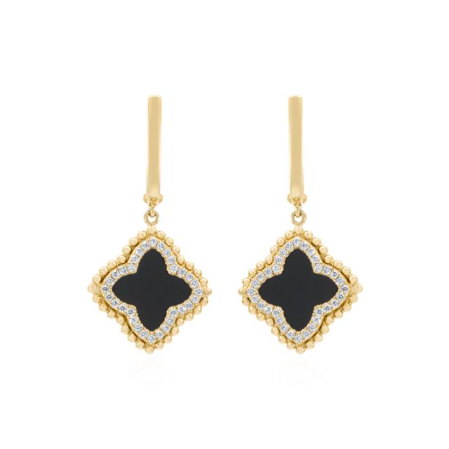 Onyx & Diamond Clover Leaver Back Earrings, 18K Yellow Gold, Black & White Elegance