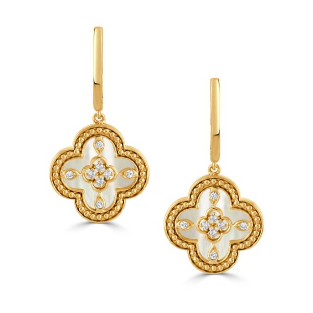 Mother of Pearl & Diamond Clover Drop Earrings 18K Yellow Gold, Timeless Elegance