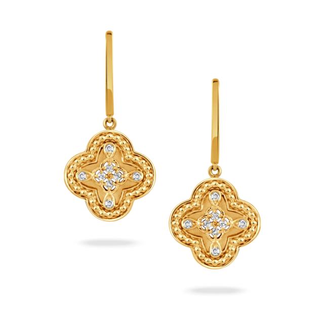 Yellow Gold 18 Karat Drop Clover Earrings 0.13tw Round Diamond, Luck is in the air