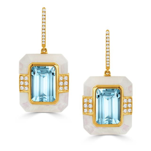 Blue Topaz Earrings, 18K Yellow Gold, Diamond Accent, Emerald Cut Center in Mother of Pearl, Magical