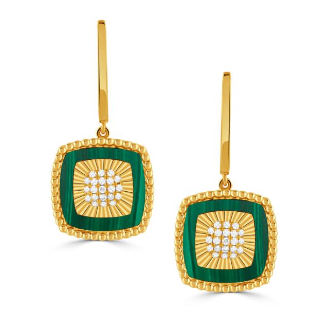 Malachite Glow Earrings 18K Yellow Gold & Diamond, Malachite, Beaded Edge Square Drop Elegance