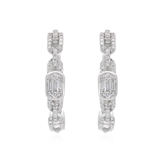 Round & Baguette Diamond Hoop Earrings, 18K White Gold, 0.44tw, Sophisticated Style with a Twist