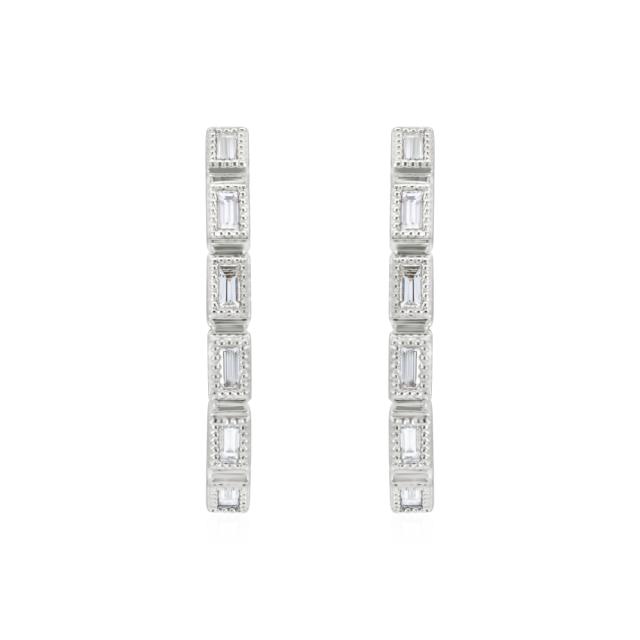 Classic Baguette Hoops, 18K White Gold, 0.29tw Baguette Diamond, Milgrain Finish, Antique Brilliance