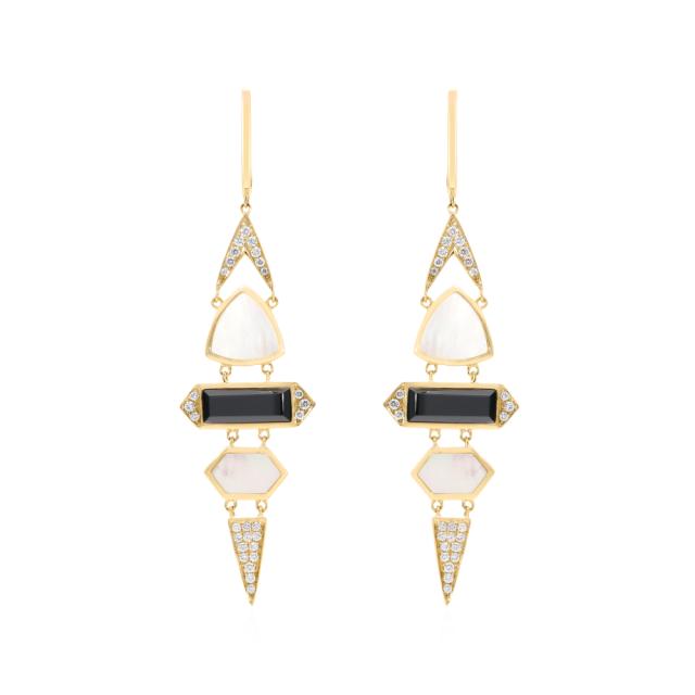 Art Deco Trapezoid Earrings, 18K Yellow Gold, 0.55 tw Mother of Pearl & Onyx , Suspended Elegance