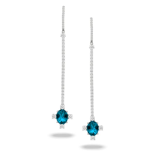 London Blue Line Drops 18K White Gold with diamonds and London blue topaz, oval and round linear des