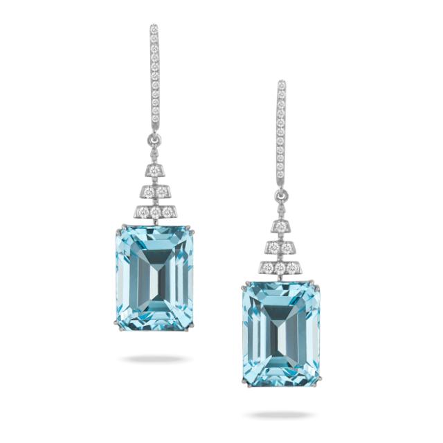 Sky Elegance Drops 18K White Gold with diamonds and sky blue topaz in an emerald cut drop design