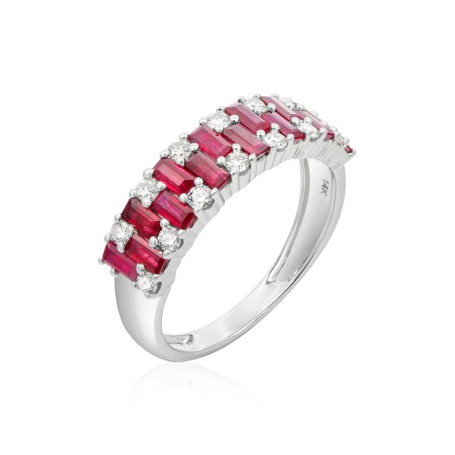 Ruby Masterpiece Ring, 14K White Gold, Baguette Ruby & Round Diamond, Majestic Color