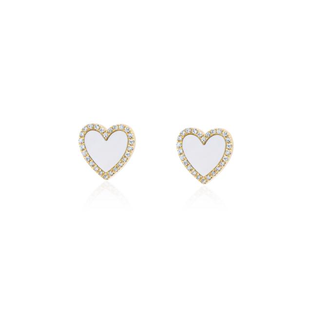 Mother of Pearl Heart Earrings, 14K Yellow Gold, 0.20tw Diamond Halo, Lustrous Heart Embrace