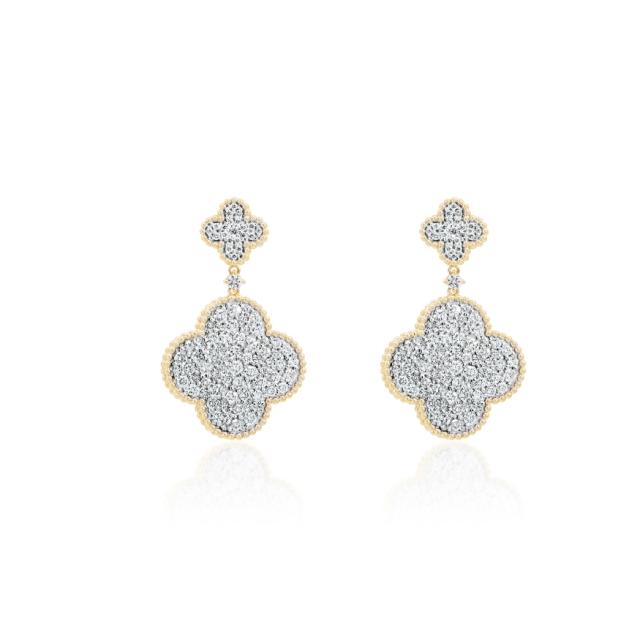 Cluster Drop Earrings - 14K Yellow Gold, 1.93ctw Round Diamonds, Elegant and Eye-Catching