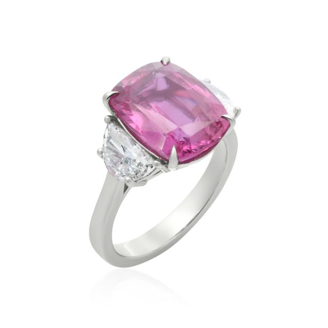 Sapphire & Diamond Perfect Ring, Platinum, 7.61ct Cushion Purplish Pink Sapphire, Platinum Status