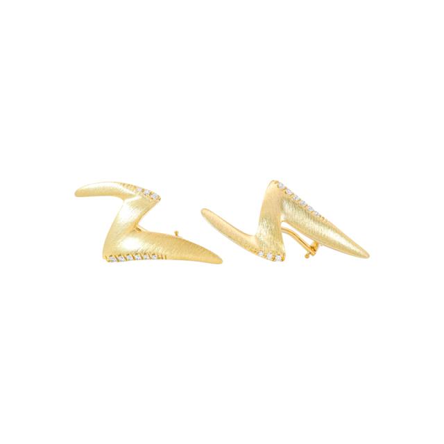 Lightning Bolt Earrings 18K Yellow Gold with a satin finish and diamonds, fashionable striking, bold