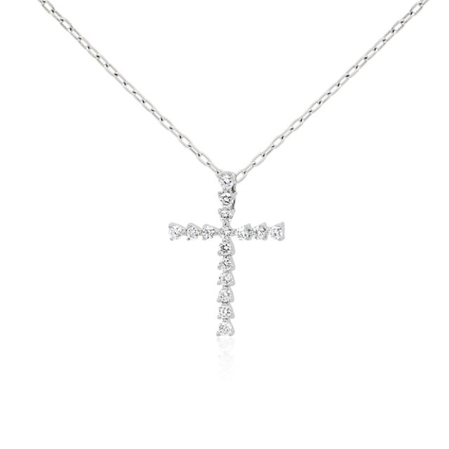 Delicate Cross Pendant - 18K White Gold, 0.24tw Round Diamonds, Faithful Gracefulness