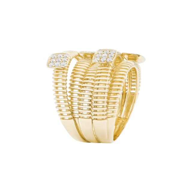 Coiled Radiance Ring 18K Yellow Gold with diamonds, featuring four stations in a modern coil design