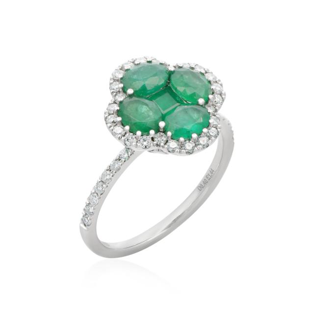 Emerald Clover Ring, 14K White Gold, 1.44ctw Oval Emerald, 0.40ctw Round Diamond, Lucky Brilliance