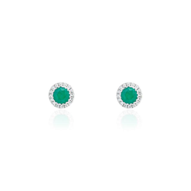 Emerald & Diamond Halo Earrings, 14K White Gold, 0.38tw Emerald, 0.10ctw Round Diamond, Natural Glow