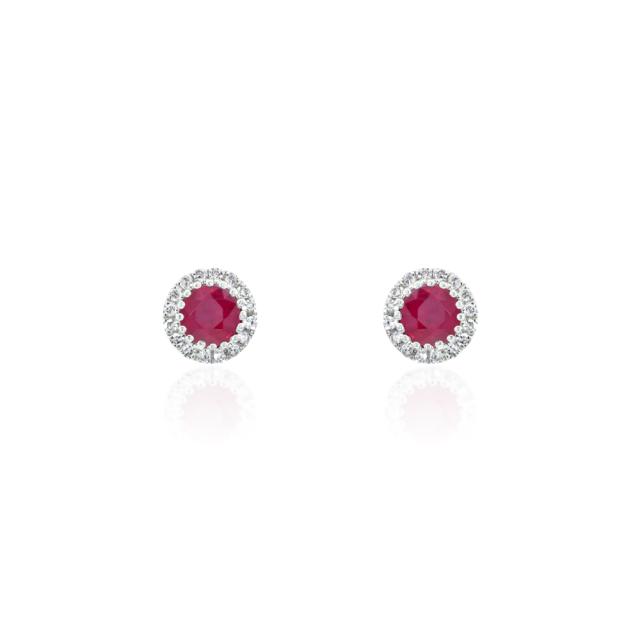 Ruby & Diamond Stud Earrings, 14K White Gold, 0.09tw Round Diamond Halo, Precious Ruby Glamour