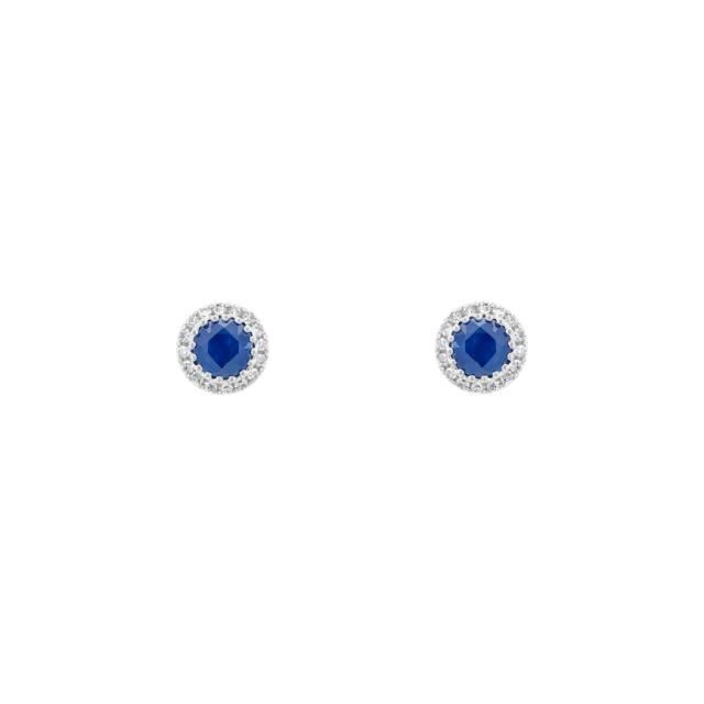 Blue Sapphire & Diamond Stud Earrings, 14K White Gold, 0.w Round Sapphires, 0.11tw Round Diamonds, B