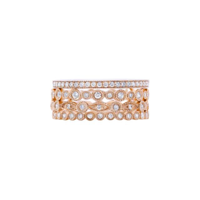 Four Unique Stackable Fashion Bands, 14K Rose Gold, 0.83ctw Round Diamonds, Perfect for Layering