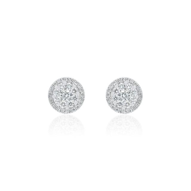 Cluster Stud Earrings - 14K White Gold, 0.97ctw Round Diamonds, Timeless and Classic Design