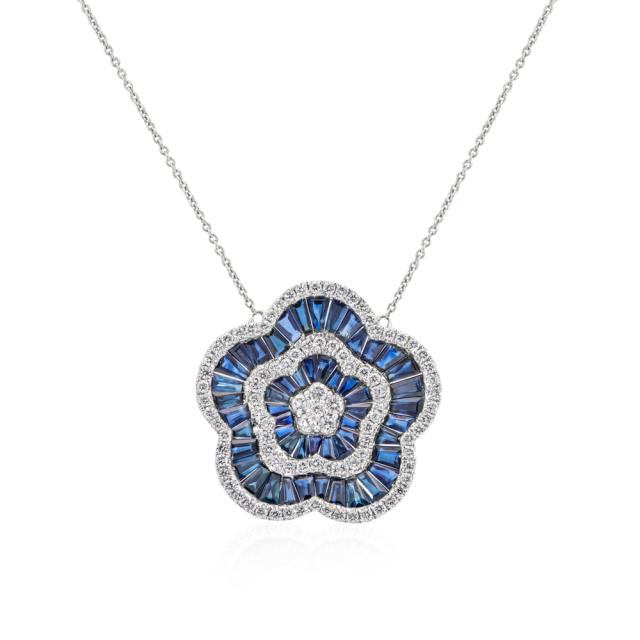 Floral Diamond Necklace - 18K White Gold, 1.26tw Diamonds & Sapphires, Blooming Beauty