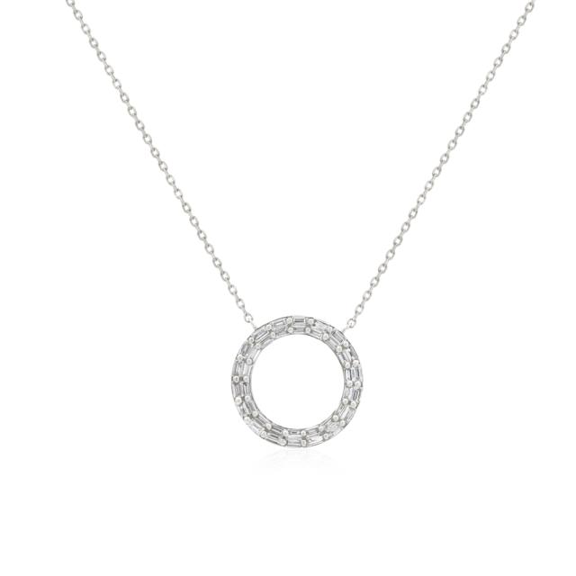 Baguette Circle Pendant - 14K White Gold, Baguette & Round Diamonds, Timeless Geometric Elegance