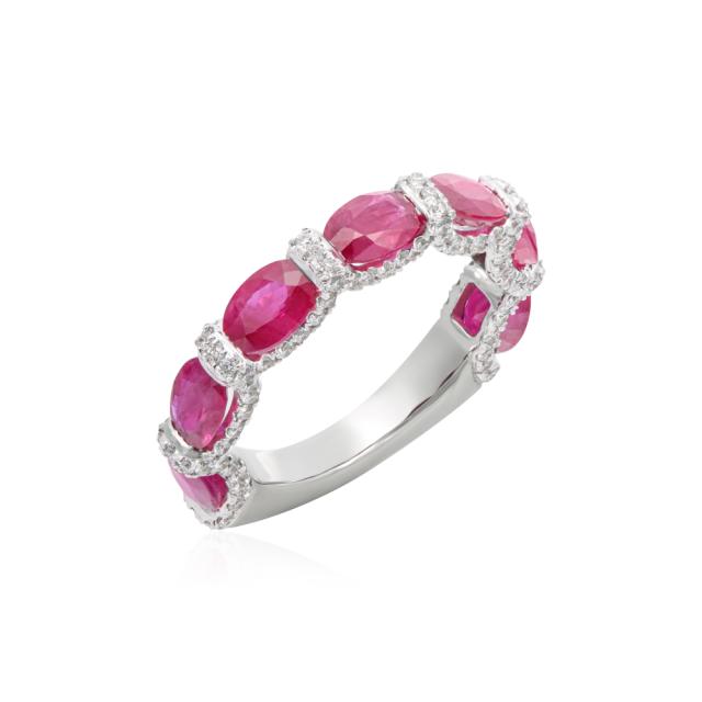 Enchanted Oval Ruby and Diamond Ring 14KW, 0.78CT Round Diamond, Dazzling Diamond Sides