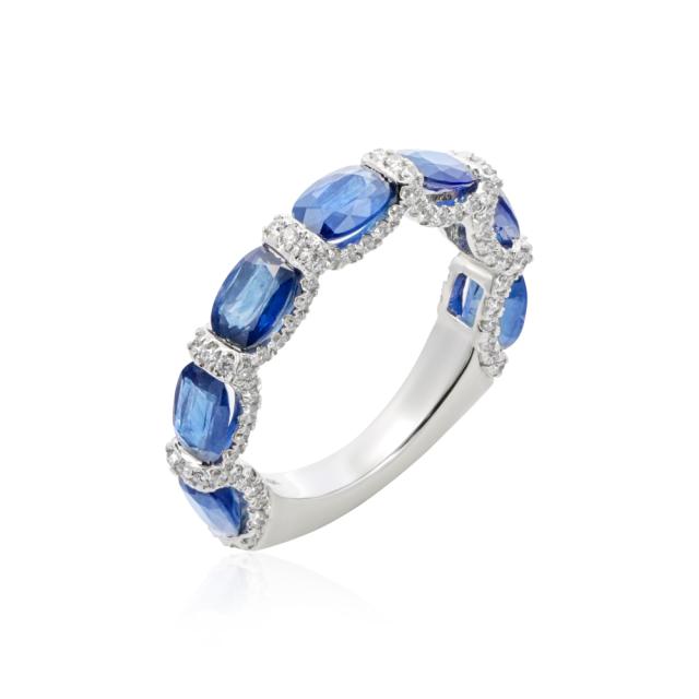 Enchanted Oval Blue Sapphire and Diamond Ring 14KW, 0.79CT Round Diamond, Dazzling Diamond Sides